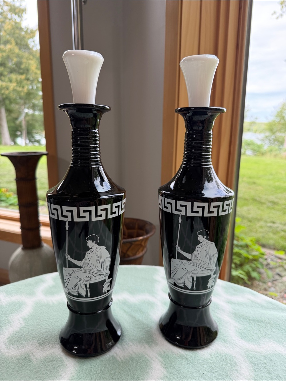 Vintage 1958 Jim Beam "Royal Emperor" Black Glass Decanters with Stoppers - Pair
